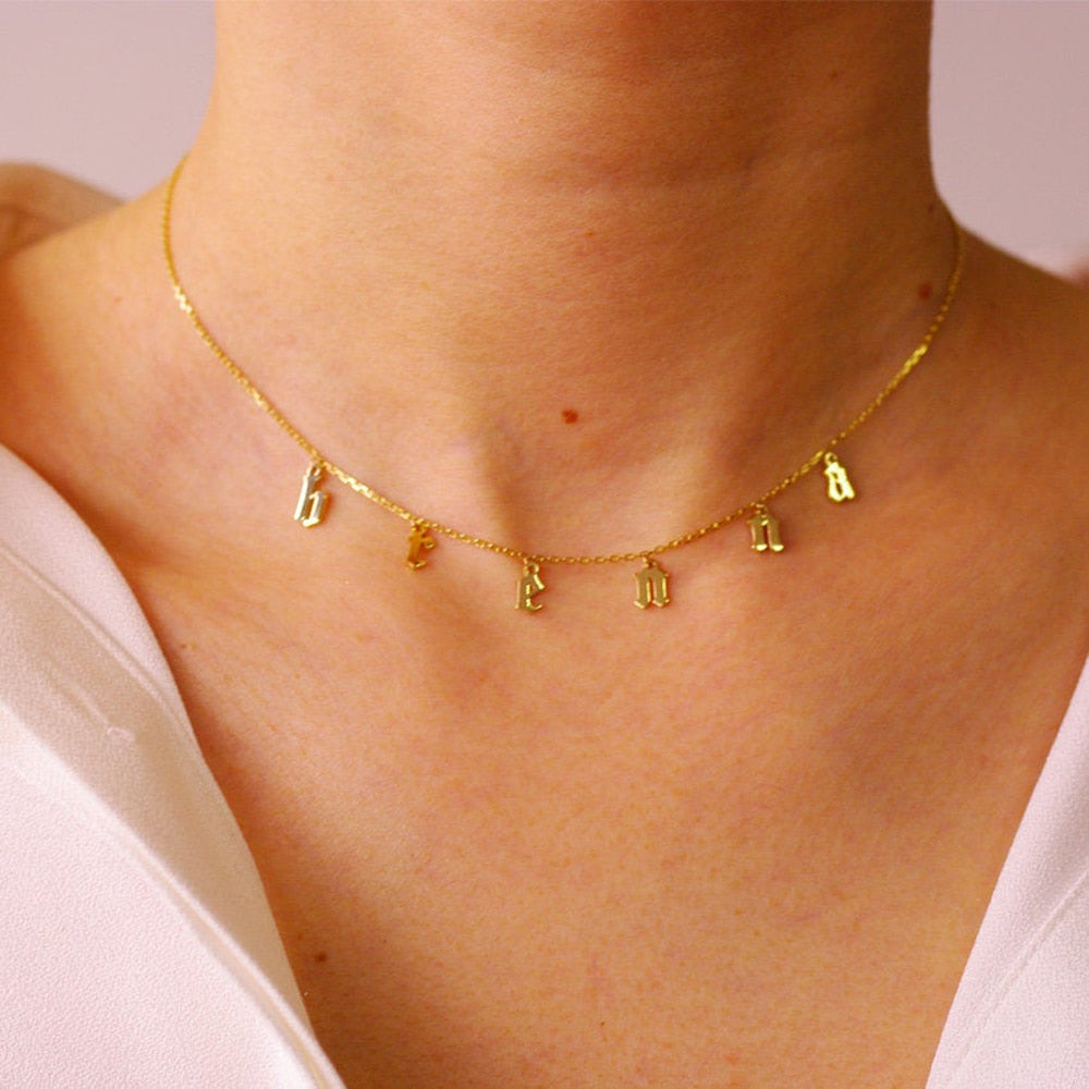 Gothic Choker Necklace Old English Letter Custom Name Necklace Personalized Gold Initial Birth Year Necklace Jewelry For Women