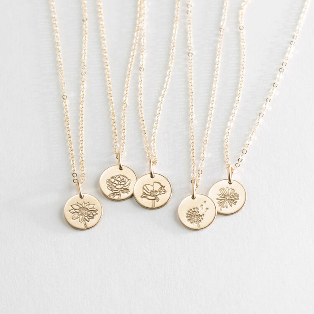 Delicate Birth Flowers Necklace Flora Collection Poppy Peony Rose Necklace Women Jewelry Gift 15mm, 18inch