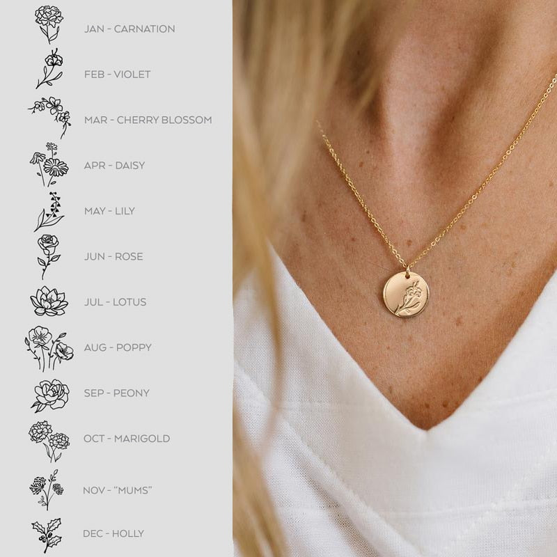 Delicate Birth Flowers Necklace Carnation Rose Charms Layering Flower Month Disc Necklace Jewelry Mother Women Gift 15mm, 18inch