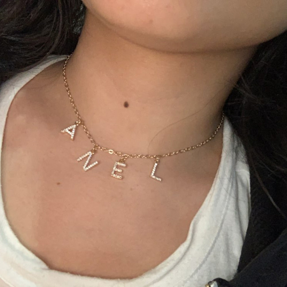 Gold Tiny Dainty Custom Name Necklace Personalized Initial Necklace Zircon Pave Letter Choker Necklaces Jewelry For Women 14inch