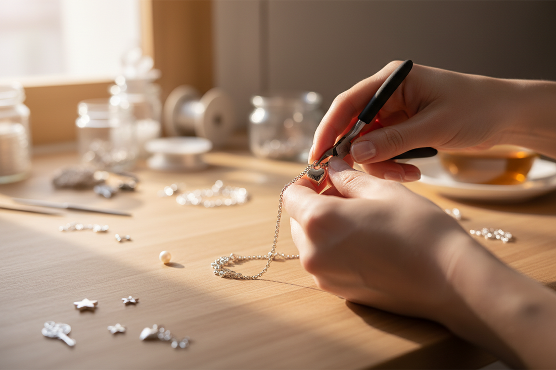 "Hands attaching a silver heart charm to a chain bracelet using round-nose pliers on a wooden surface"