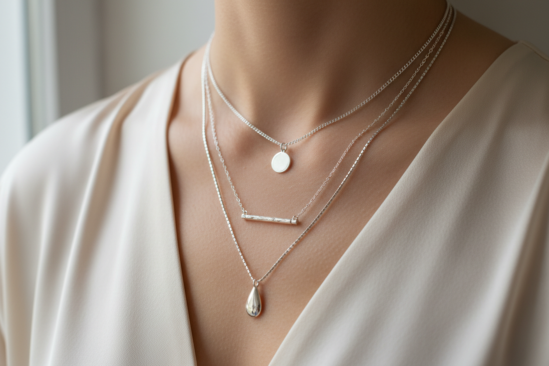"Woman wearing three layered silver necklaces at different lengths — choker, collarbone, and pendant length — on a neutral background"