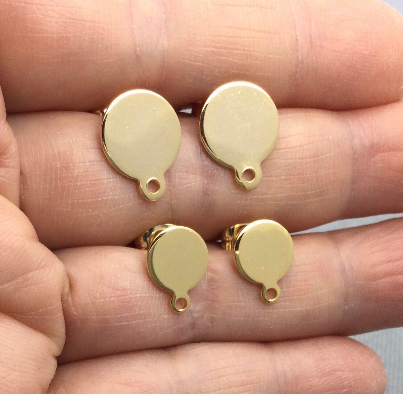 100pcs Stainless Steel 316L Gold Plated Round with bottom loop Hole Stud Earring Round Bezel Setting Blanks DIY Earring Jewelry Findings