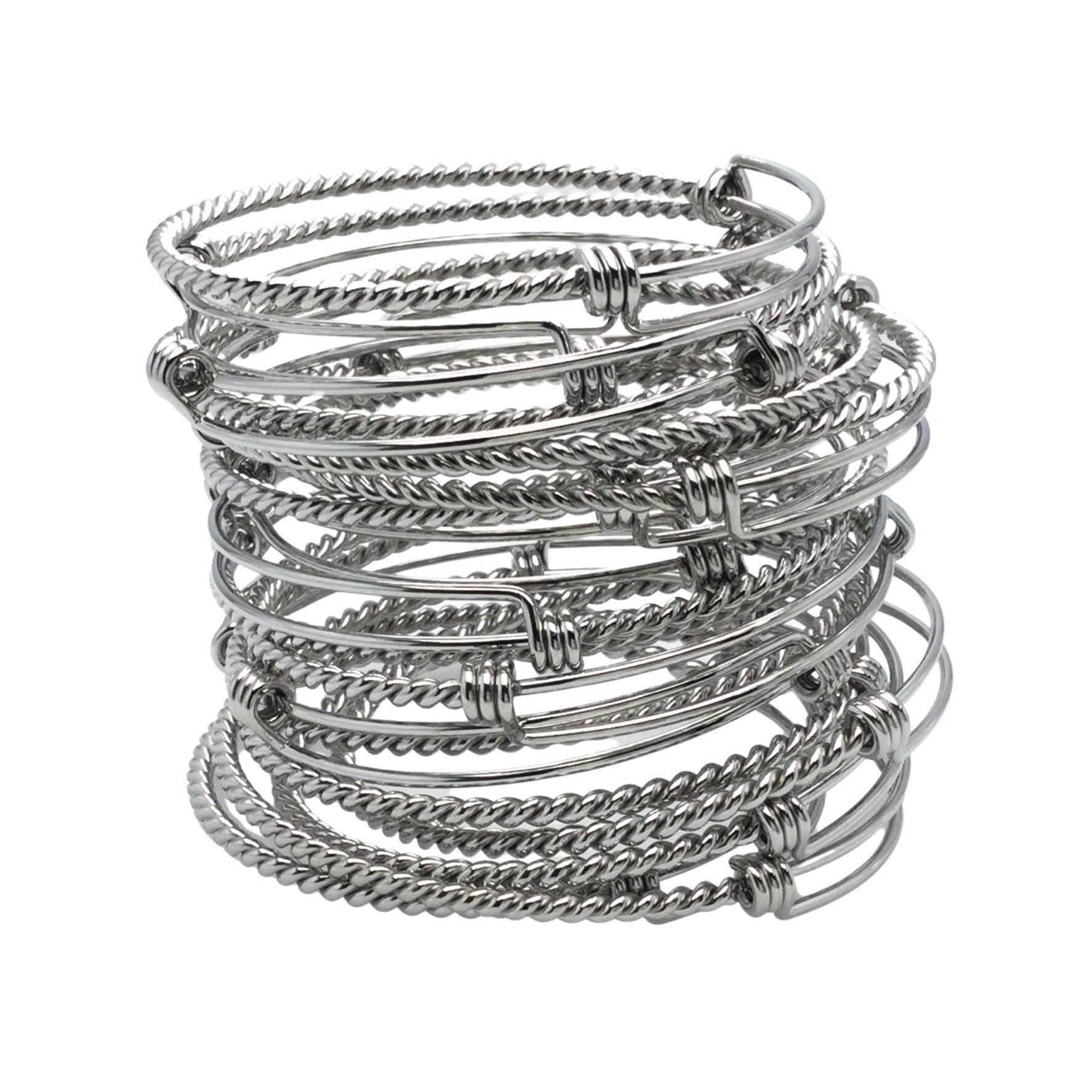 Bulk 50pcs Stainless Steel Adjustable Twist Wire Cable Blank Bangle Bracelet, 60mm 65mm Waterproof Stackable Bangles Wholesale