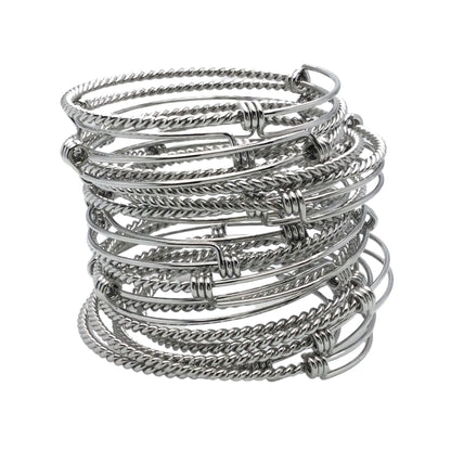 Bulk 50pcs Stainless Steel Adjustable Twist Wire Cable Blank Bangle Bracelet, 60mm 65mm Waterproof Stackable Bangles Wholesale