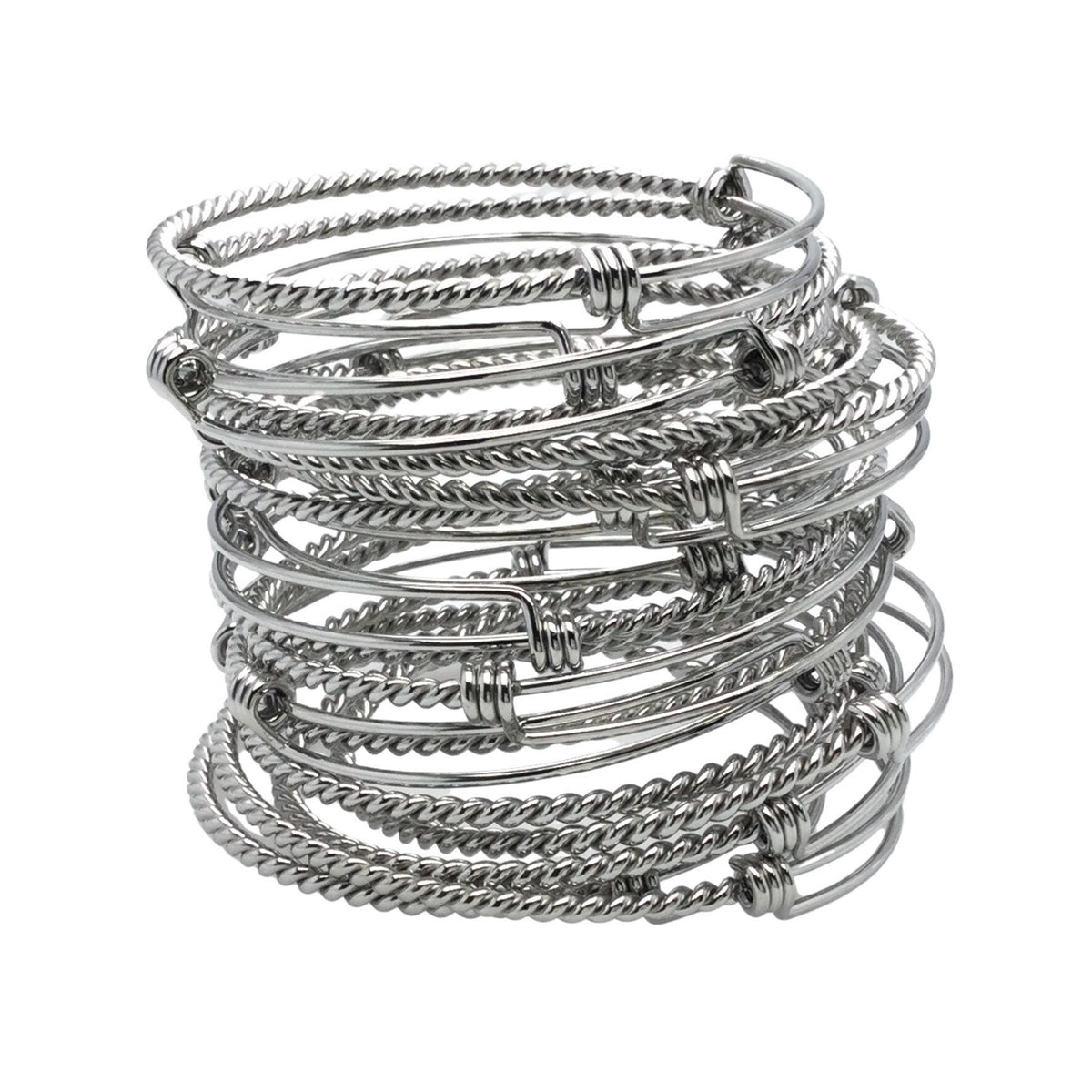 Bulk 50pcs Stainless Steel Adjustable Twist Wire Cable Blank Bangle Bracelet, 60mm 65mm Waterproof Stackable Bangles Wholesale