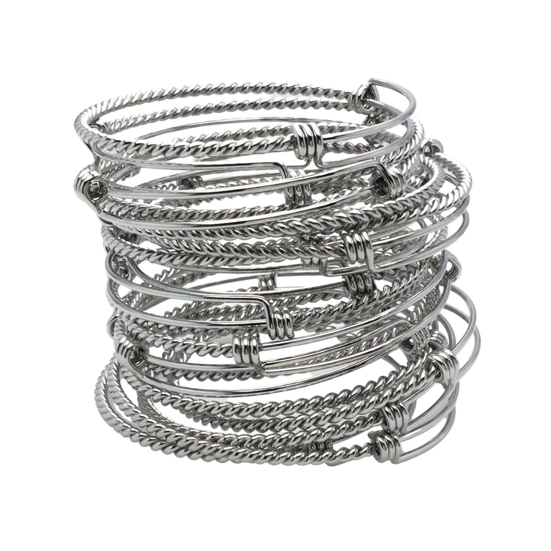 Bulk 50pcs Stainless Steel Adjustable Twist Wire Cable Blank Bangle Bracelet, 60mm 65mm Waterproof Stackable Bangles Wholesale