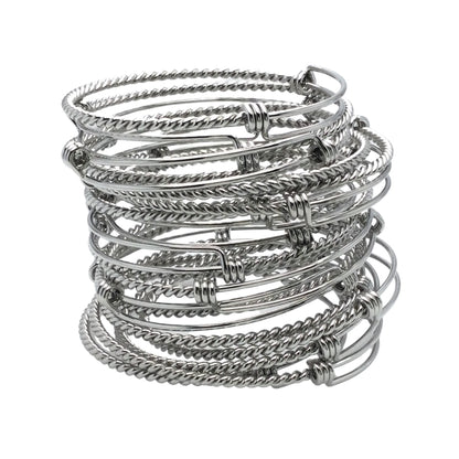 Bulk 50pcs Stainless Steel Adjustable Twist Wire Cable Blank Bangle Bracelet, 60mm 65mm Waterproof Stackable Bangles Wholesale