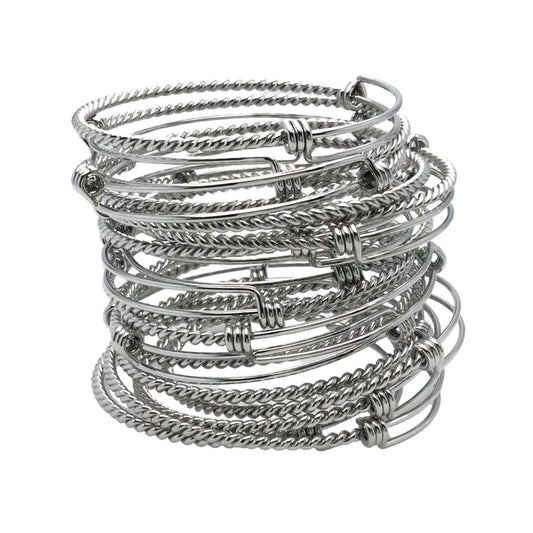 Bulk 50pcs Stainless Steel Adjustable Twist Wire Cable Blank Bangle Bracelet, 60mm 65mm Waterproof Stackable Bangles Wholesale