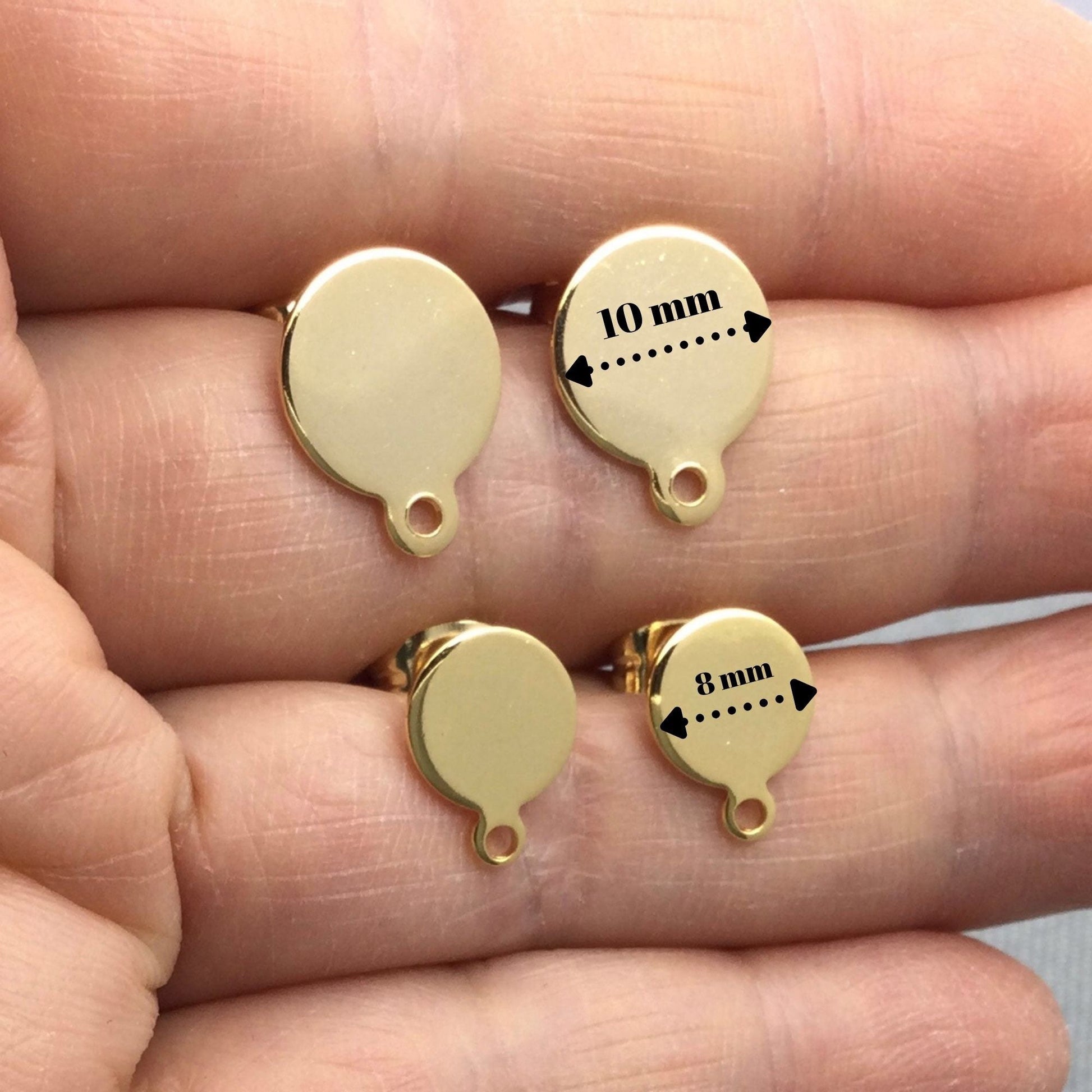 100pcs Stainless Steel 316L Gold Plated Round with bottom loop Hole Stud Earring Round Bezel Setting Blanks DIY Earring Jewelry Findings