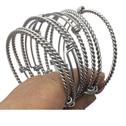 Bulk 50pcs Stainless Steel Adjustable Twist Wire Cable Blank Bangle Bracelet, 60mm 65mm Waterproof Stackable Bangles Wholesale