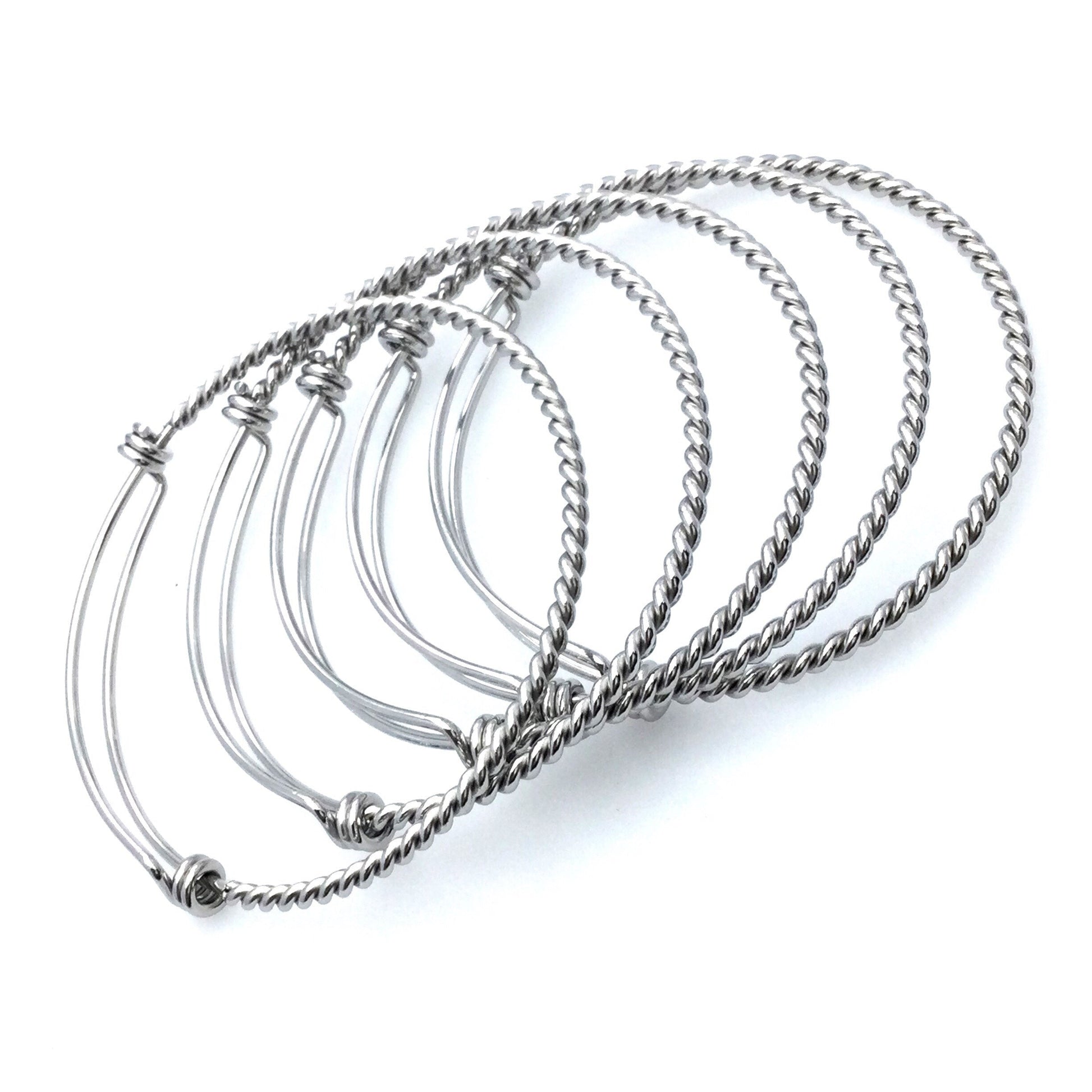 10 pcs Stainless Steel Adjustable Twist Wire Cable Blank Bangle Bracelet, 60mm 65mm Waterproof Stackable Bangles Wholesale