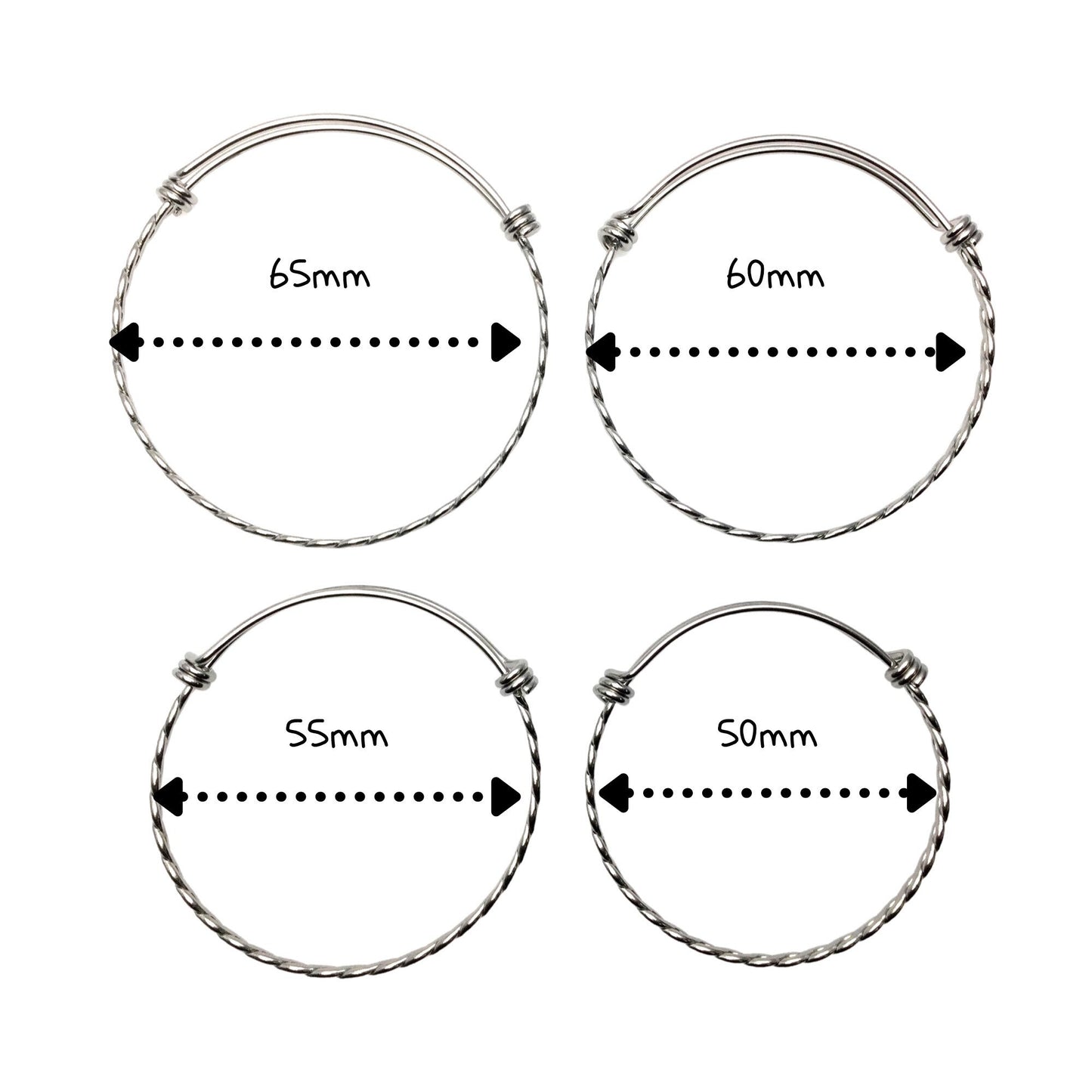 Bulk 50pcs 3.5mm Braided Stainless Steel Adjustable Blank Bangle Bracelet, Heavy Duty Waterproof Stackable Bangles Wholesale Supplies