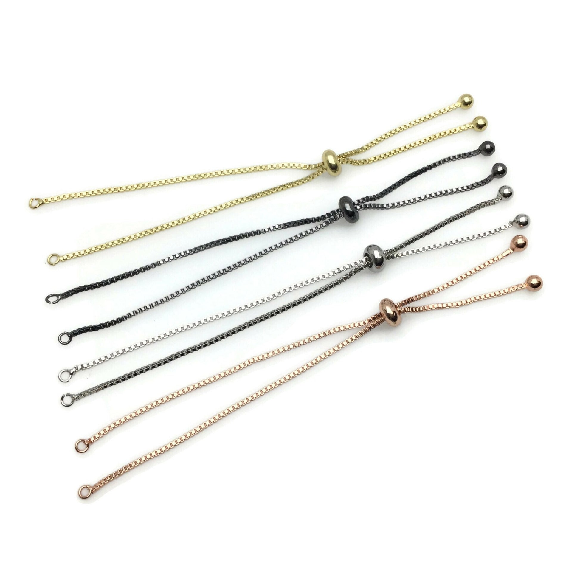 Adjustable Brass Bolo Blank Bracelet for Jewelry Making, High Quality Plated Slider Clasp Box Chain with Ball End Wholesale Supplies