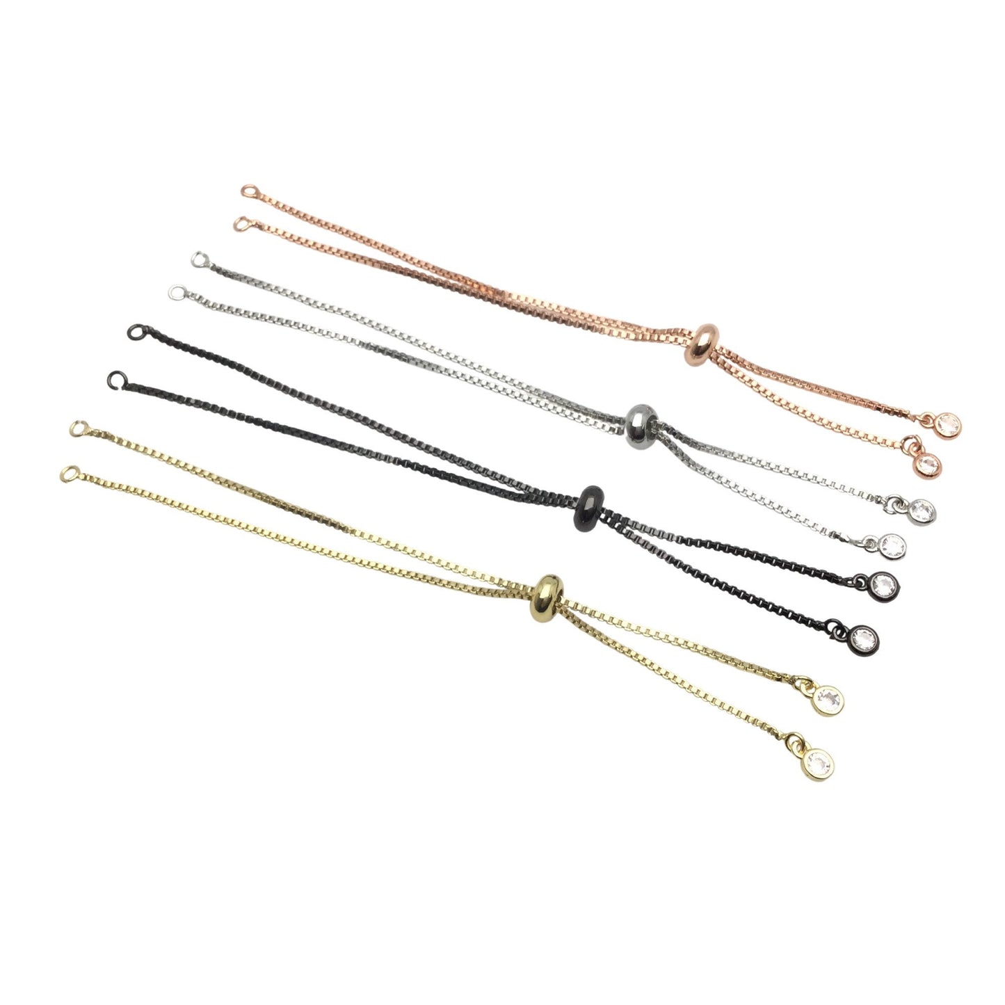 Brass Adjustable Bolo Bracelet with Stone Charm End for Jewelry Making, Plated Slider Clasp Box Chain Semi Finished Shop Supplies
