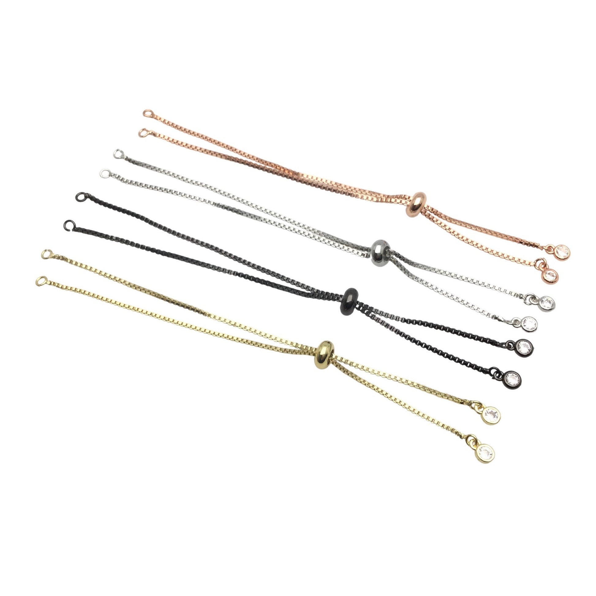 Brass Adjustable Bolo Bracelet with Stone Charm End for Jewelry Making, Plated Slider Clasp Box Chain Semi Finished Shop Supplies