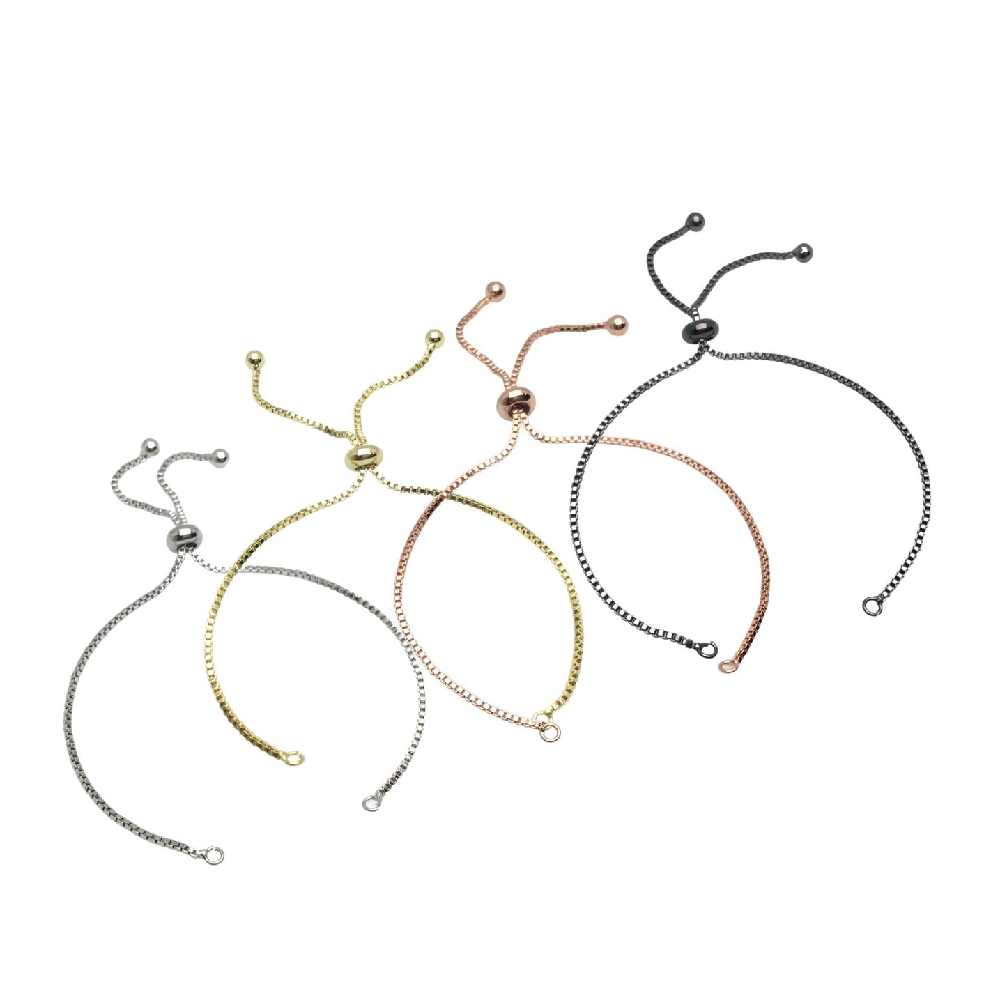 Adjustable Brass Bolo Blank Bracelet for Jewelry Making, High Quality Plated Slider Clasp Box Chain with Ball End Wholesale Supplies