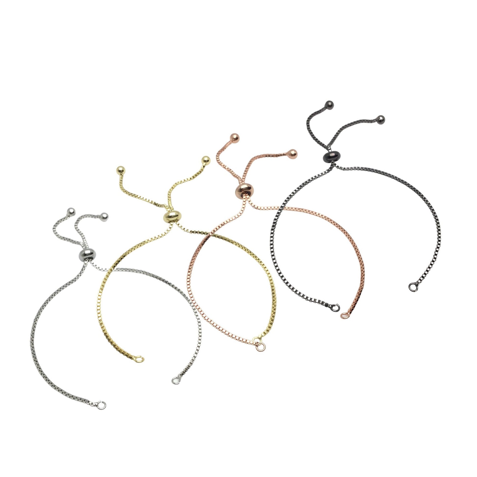 Adjustable Brass Bolo Blank Bracelet for Jewelry Making, High Quality Plated Slider Clasp Box Chain with Ball End Wholesale Supplies
