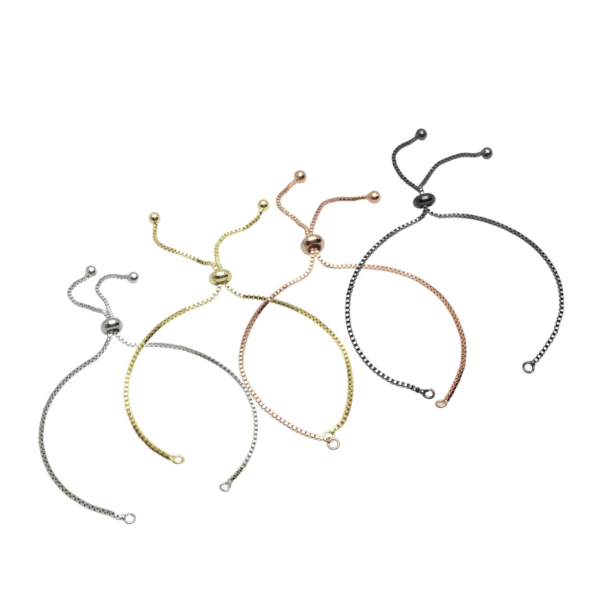 Adjustable Brass Bolo Blank Bracelet for Jewelry Making, High Quality Plated Slider Clasp Box Chain with Ball End Wholesale Supplies