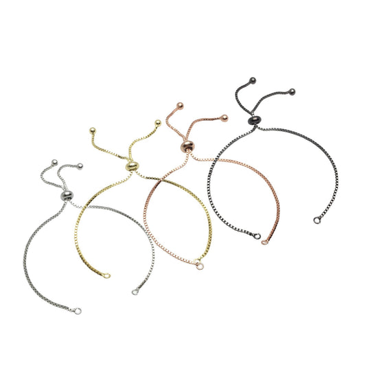 Adjustable Brass Bolo Blank Bracelet for Jewelry Making, High Quality Plated Slider Clasp Box Chain with Ball End Wholesale Supplies