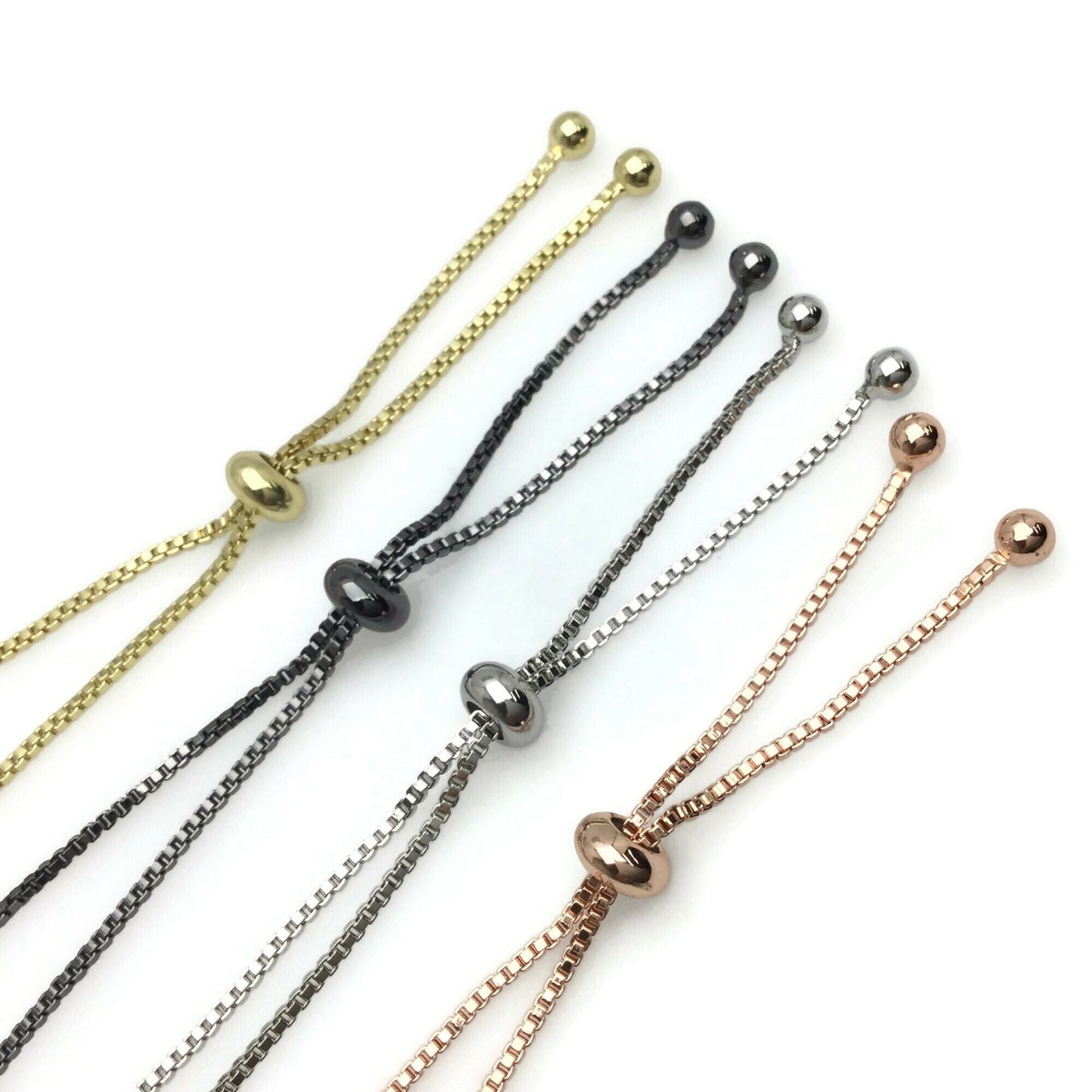 Adjustable Brass Bolo Blank Bracelet for Jewelry Making, High Quality Plated Slider Clasp Box Chain with Ball End Wholesale Supplies