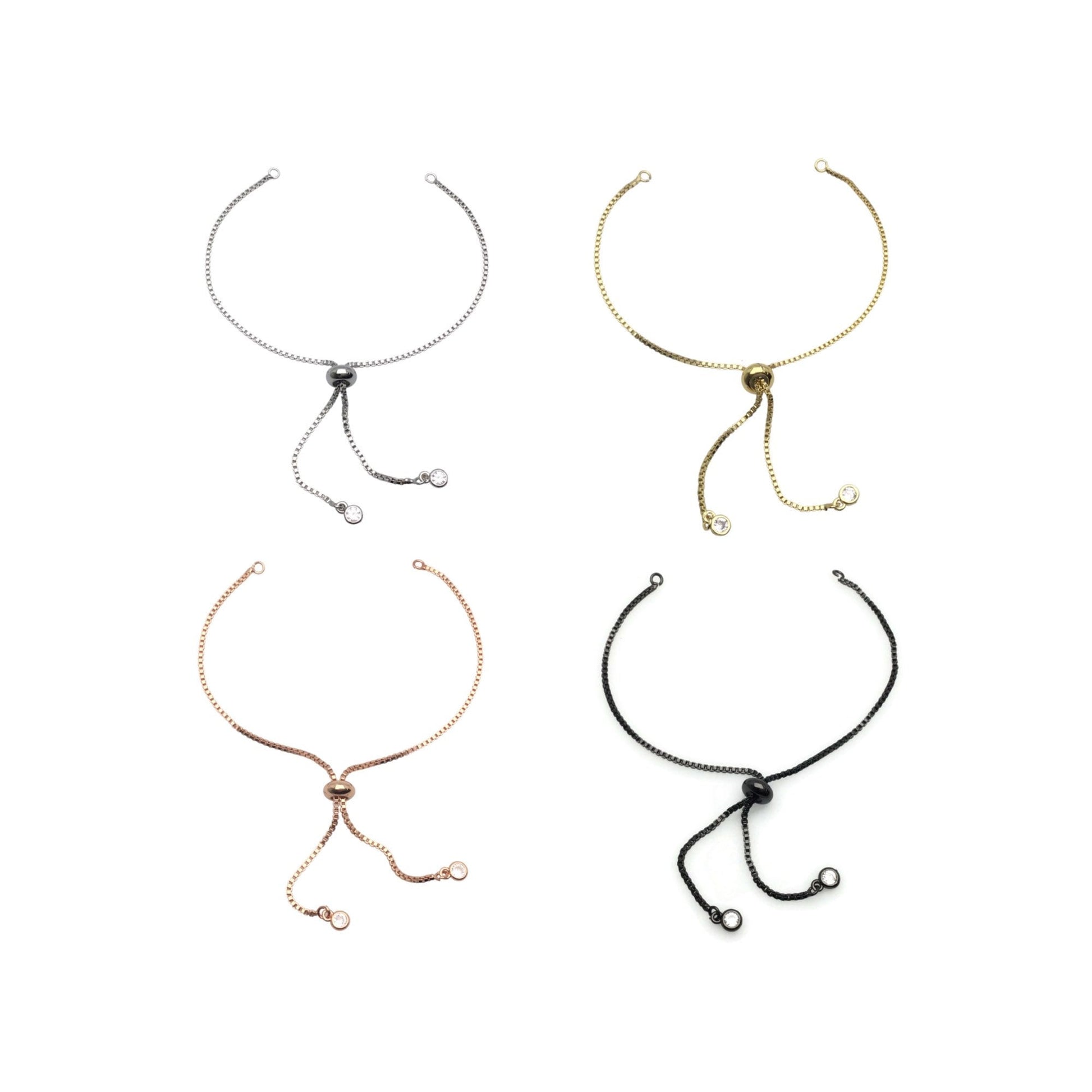 Brass Adjustable Bolo Bracelet with Stone Charm End for Jewelry Making, Plated Slider Clasp Box Chain Semi Finished Shop Supplies