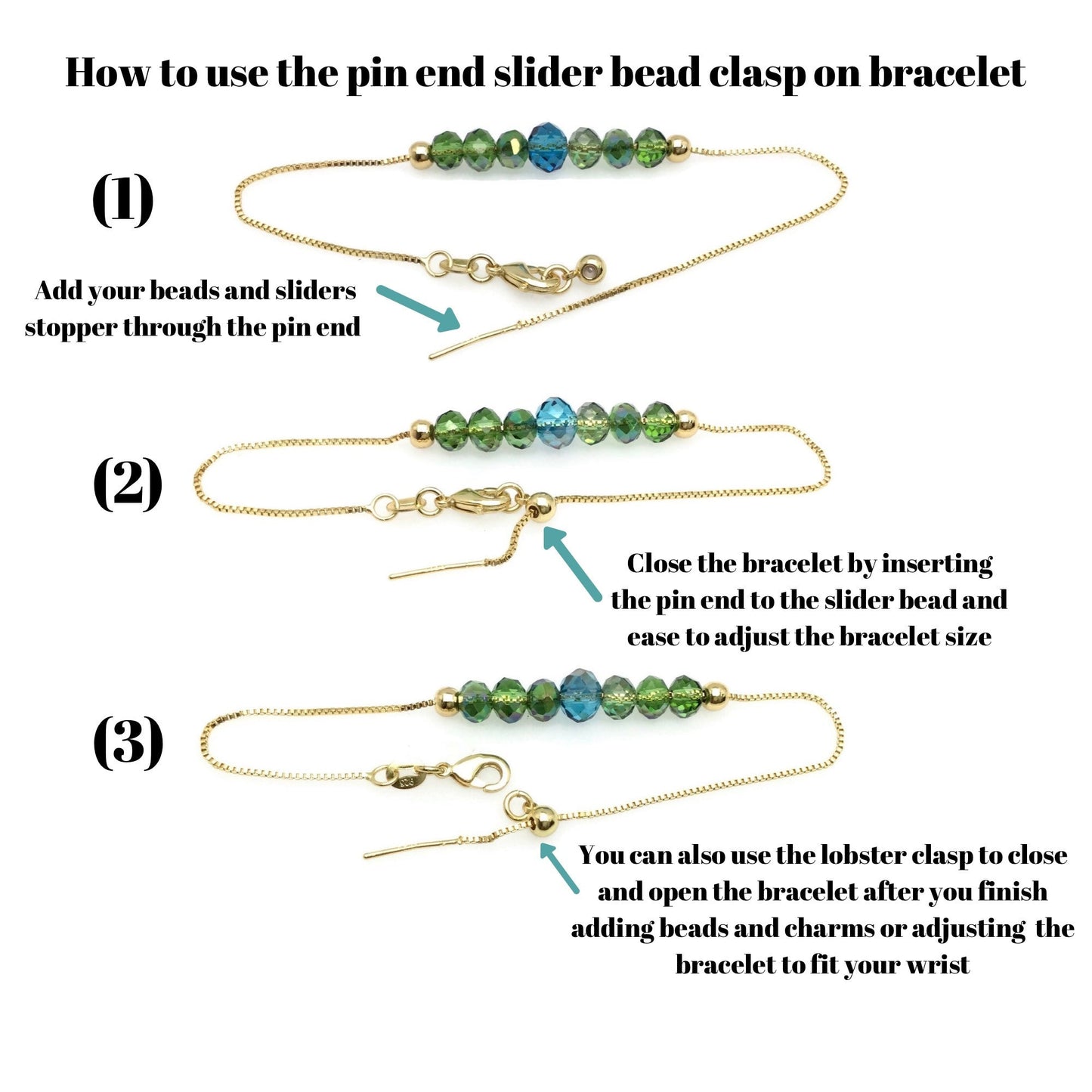 Adjustable Brass Cable Chain Bracelet with Pin End for Adding Beads, High Quality Plated Slider Clasp Blank Wholesale Jewelry Supplies
