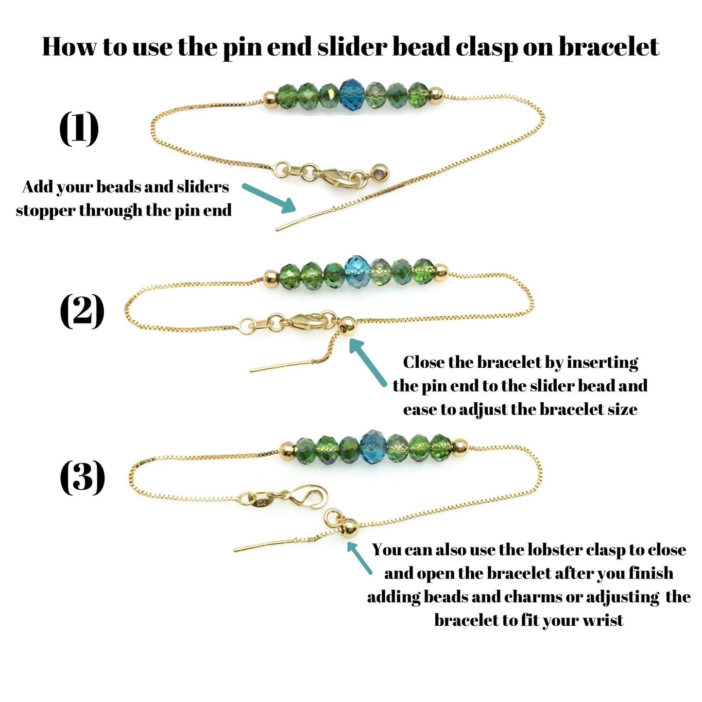 Adjustable Brass Box Chain Bracelet with Pin End for Adding Beads, High Quality Plated Slider Clasp Blank Wholesale Jewelry Supplies