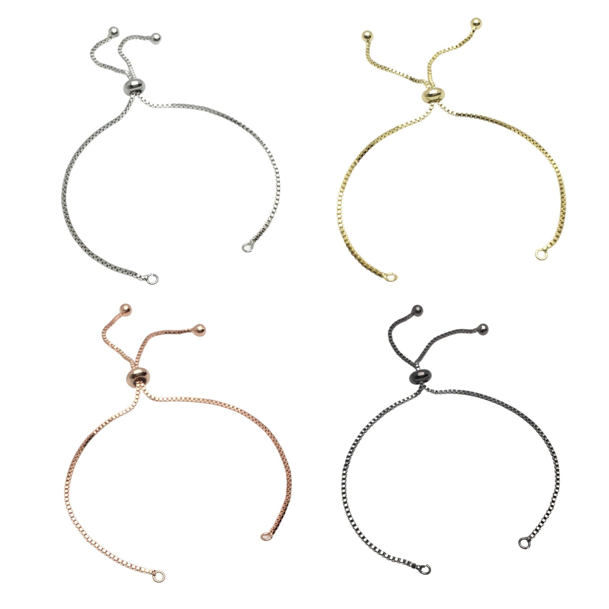 Adjustable Brass Bolo Blank Bracelet for Jewelry Making, High Quality Plated Slider Clasp Box Chain with Ball End Wholesale Supplies