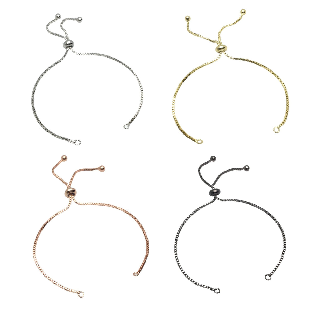 Adjustable Brass Bolo Blank Bracelet for Jewelry Making, High Quality Plated Slider Clasp Box Chain with Ball End Wholesale Supplies
