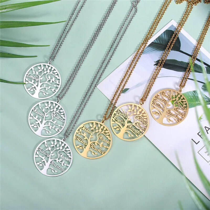 Personalized Family Tree Necklace, Stainless Steel Custom Names Pendant, Engraved Tree of Life Jewelry, Meaningful Mother Day Gift for Mom
