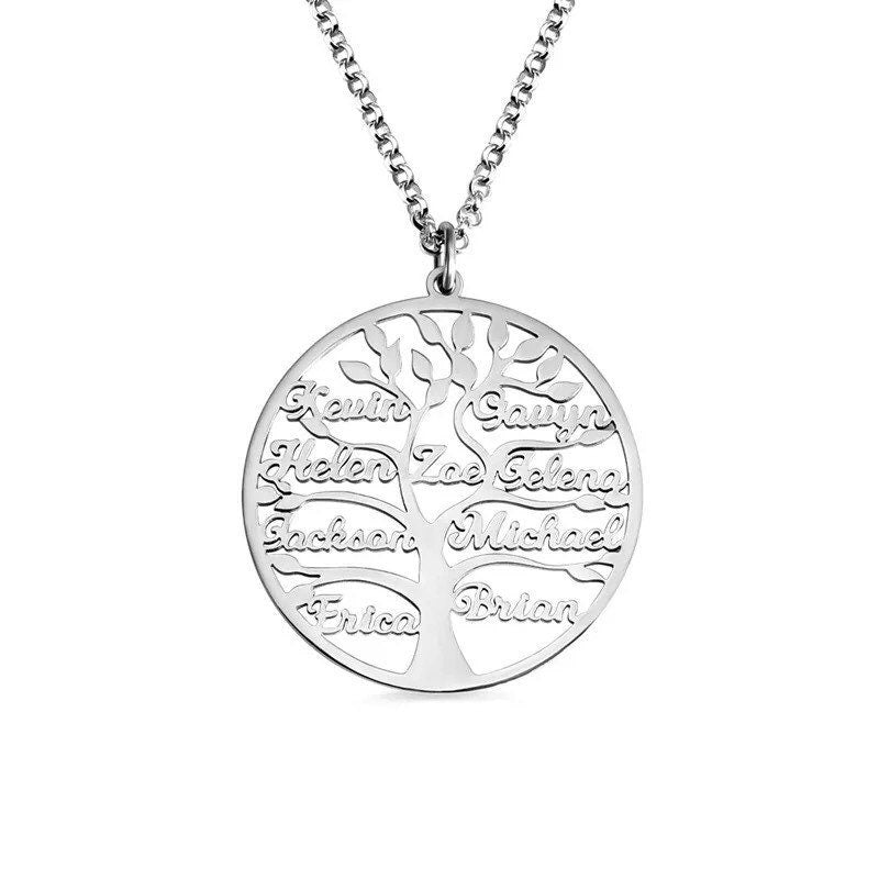 Personalized Family Tree Necklace, Stainless Steel Custom Names Pendant, Engraved Tree of Life Jewelry, Meaningful Mother Day Gift for Mom