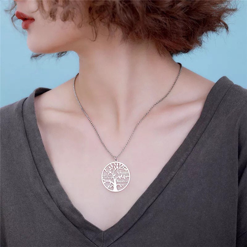 Personalized Family Tree Necklace, Stainless Steel Custom Names Pendant, Engraved Tree of Life Jewelry, Meaningful Mother Day Gift for Mom
