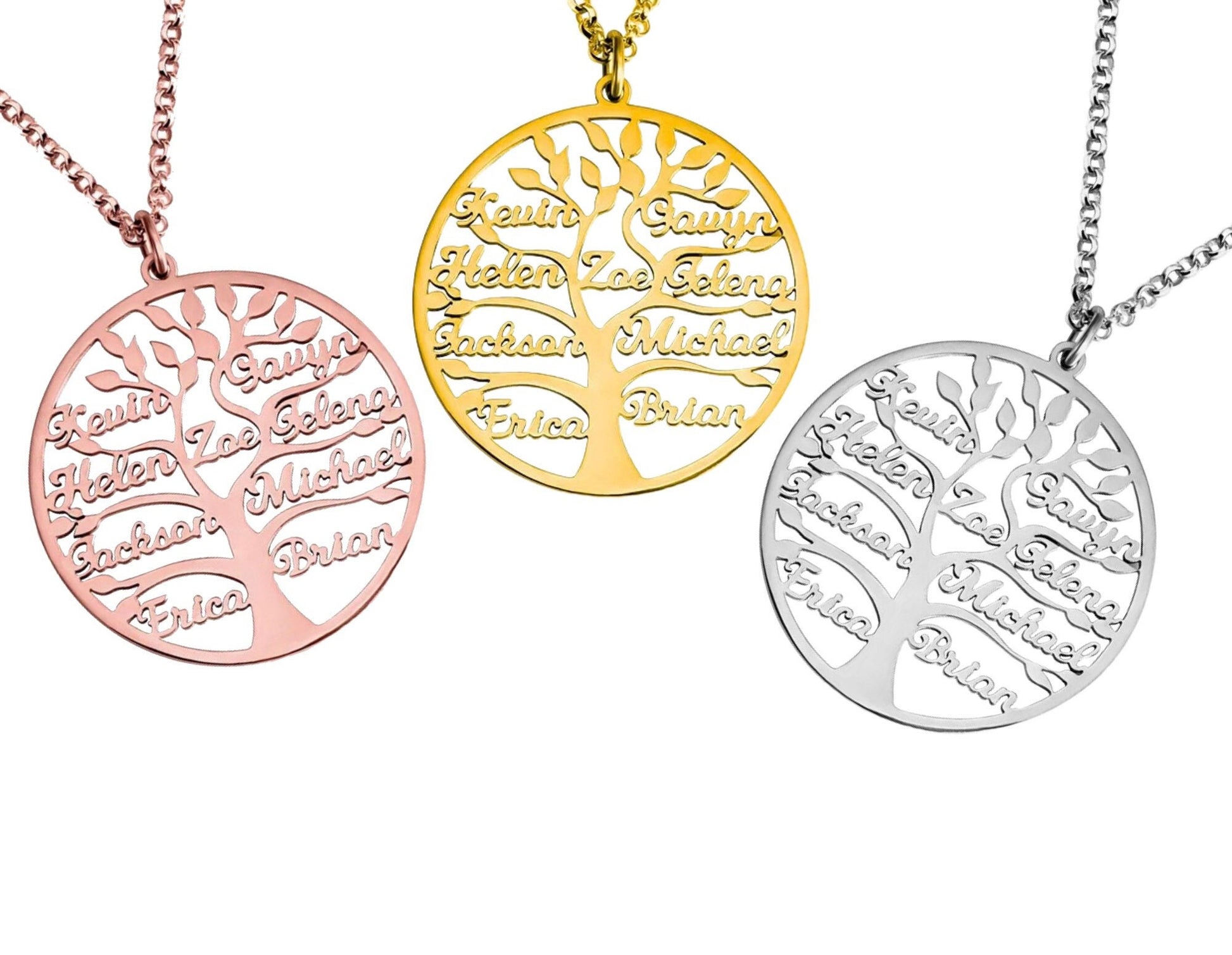 Personalized Family Tree Necklace, Stainless Steel Custom Names Pendant, Engraved Tree of Life Jewelry, Meaningful Mother Day Gift for Mom