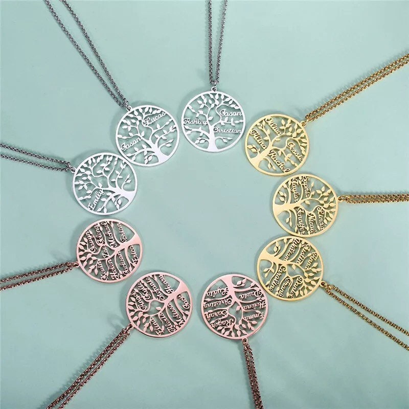 Personalized Family Tree Necklace, Stainless Steel Custom Names Pendant, Engraved Tree of Life Jewelry, Meaningful Mother Day Gift for Mom