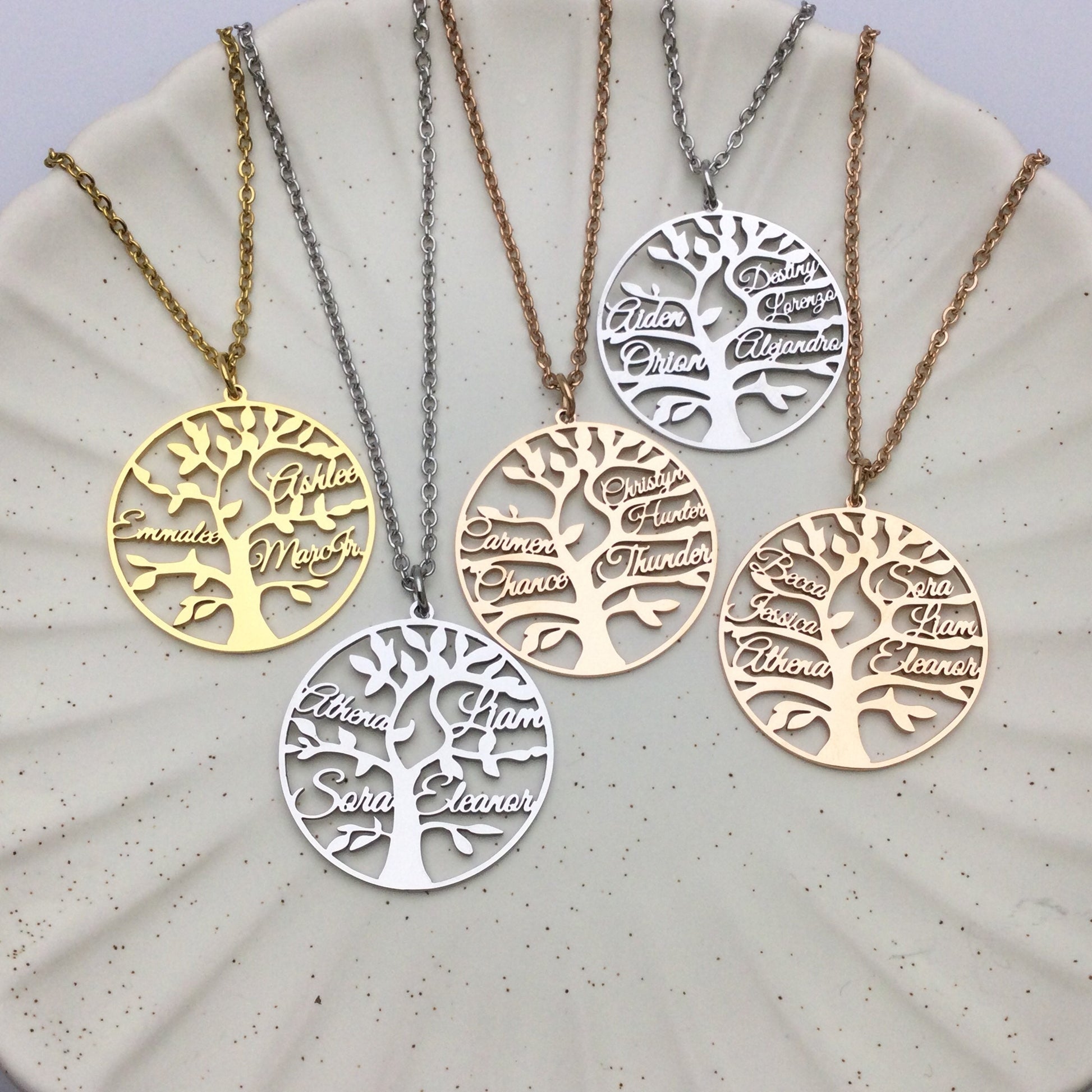 Personalized Family Tree Necklace, Stainless Steel Custom Names Pendant, Engraved Tree of Life Jewelry, Meaningful Mother Day Gift for Mom