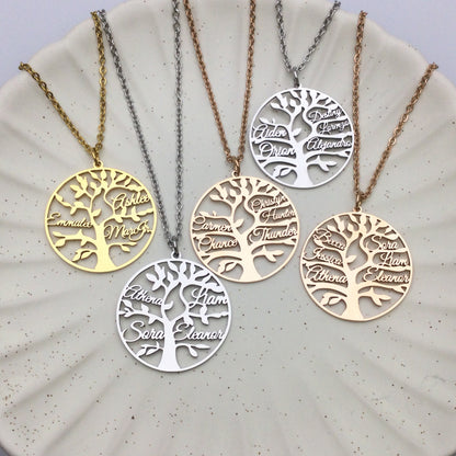 Personalized Family Tree Necklace, Stainless Steel Custom Names Pendant, Engraved Tree of Life Jewelry, Meaningful Mother Day Gift for Mom
