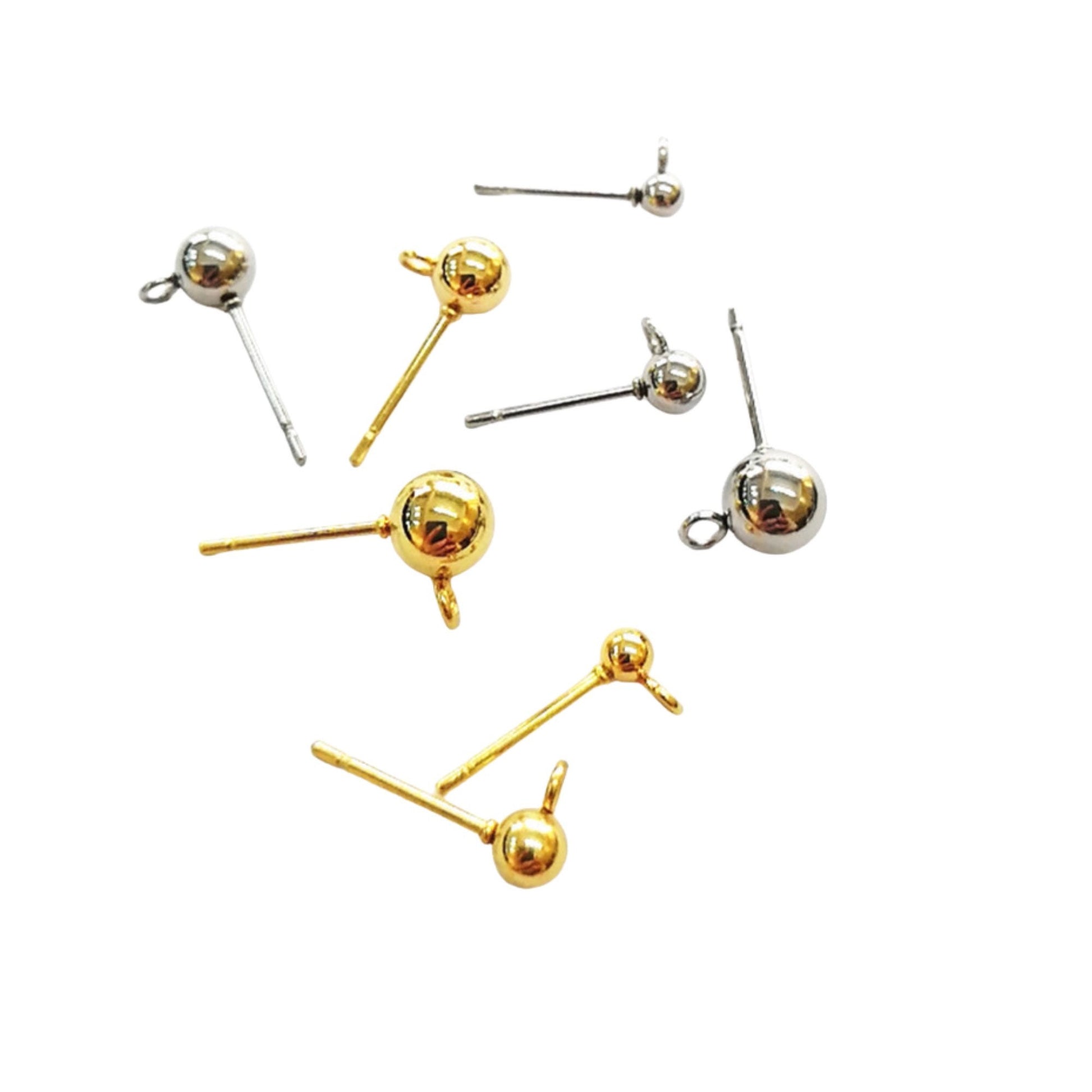 Front Loop 100pcs Stainless Steel/Gold Plated Ball Post Earring Studs 3/4/5/6mm Hypoallergenic Blank Earring Posts Findings with FREE Backs