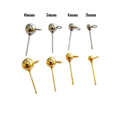Front Loop 100pcs Stainless Steel/Gold Plated Ball Post Earring Studs 3/4/5/6mm Hypoallergenic Blank Earring Posts Findings with FREE Backs