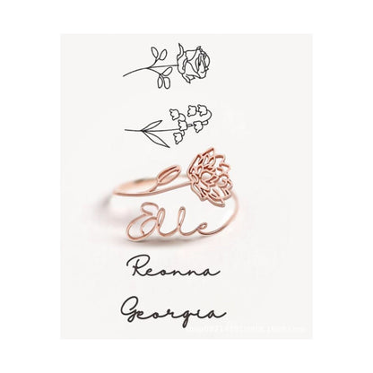 Personalized Birth Month Flower Ring, Custom Name Initial Signet Rings, Adjustable Stainless Steel Jewelry, Aesthetic Teen Girl Gift Idea