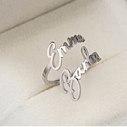 Personalized Double Name Ring, Stainless Steel Custom Initial Jewelry, Adjustable Two Name Rings, Romantic Anniversary Couples Gift for Her