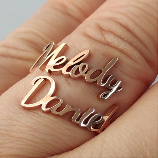 Personalized Double Name Ring, Stainless Steel Custom Initial Jewelry, Adjustable Two Name Rings, Romantic Anniversary Couples Gift for Her