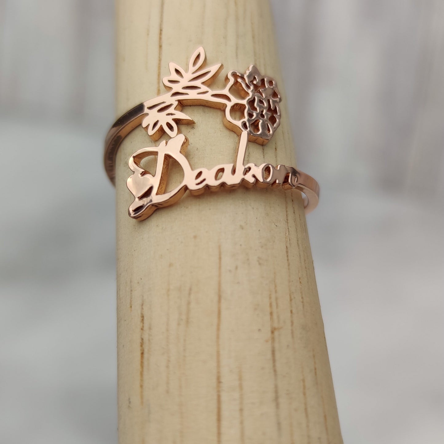 Custom Birth Flower Ring, Personalized Stainless Steel Name Ring, Adjustable Engraved Floral Signet Jewelry, Best Friend Birthday Gift
