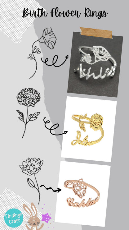 Personalized Name Ring, Stainless Steel Birth Month Flower Ring, Adjustable Custom Floral Signet Jewelry, Meaningful Sweet 16 Gift for Her