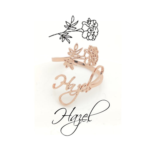 Personalized Birth Month Flower Ring, Custom Name Initial Signet Rings, Adjustable Stainless Steel Jewelry, Aesthetic Teen Girl Gift Idea
