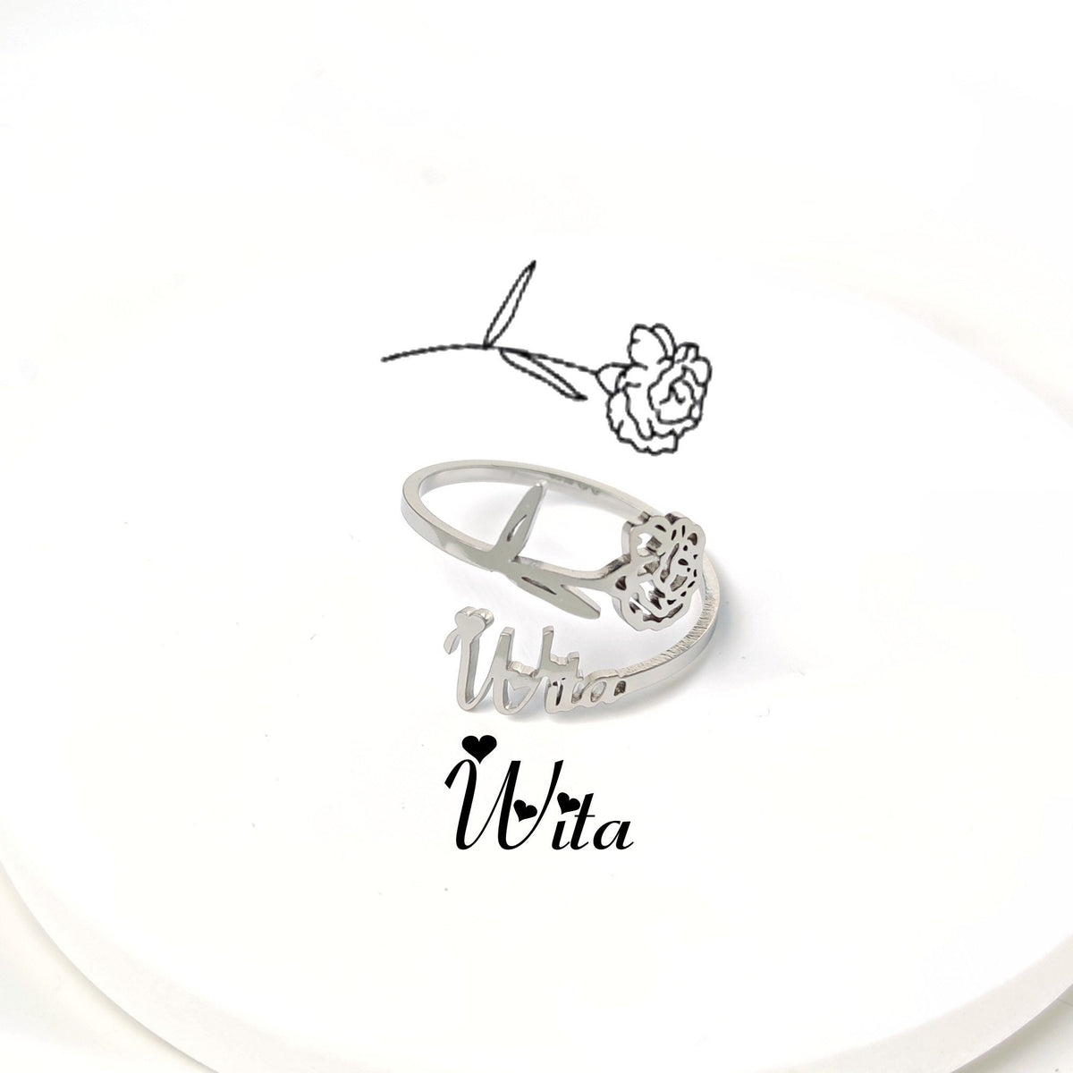 Custom Birth Flower Ring, Personalized Stainless Steel Name Ring, Adjustable Engraved Floral Signet Jewelry, Best Friend Birthday Gift