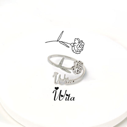 Custom Birth Flower Ring, Personalized Stainless Steel Name Ring, Adjustable Engraved Floral Signet Jewelry, Best Friend Birthday Gift