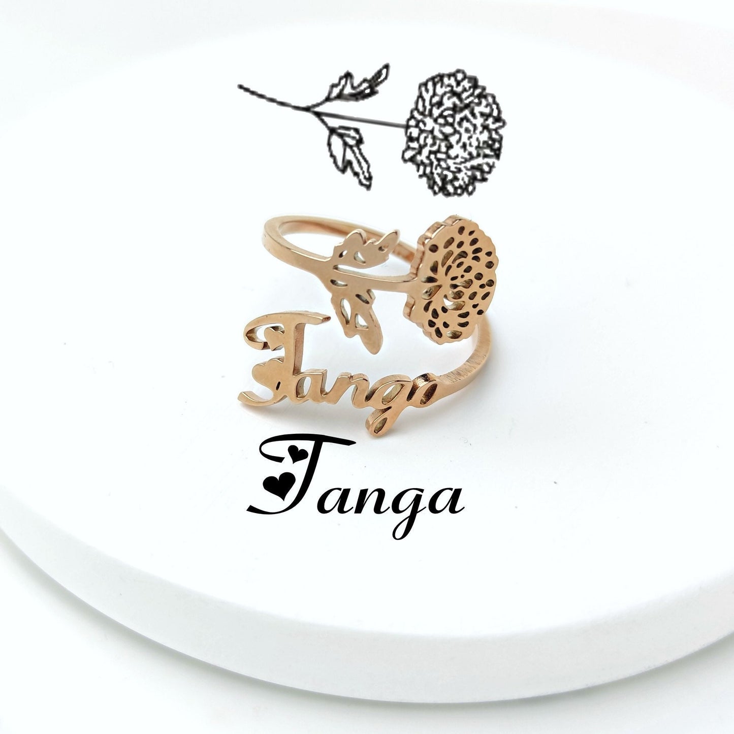 Custom Birth Flower Ring, Personalized Stainless Steel Name Ring, Adjustable Engraved Floral Signet Jewelry, Best Friend Birthday Gift