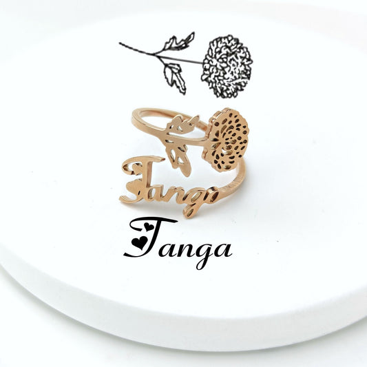 Custom Birth Flower Ring, Personalized Stainless Steel Name Ring, Adjustable Engraved Floral Signet Jewelry, Best Friend Birthday Gift