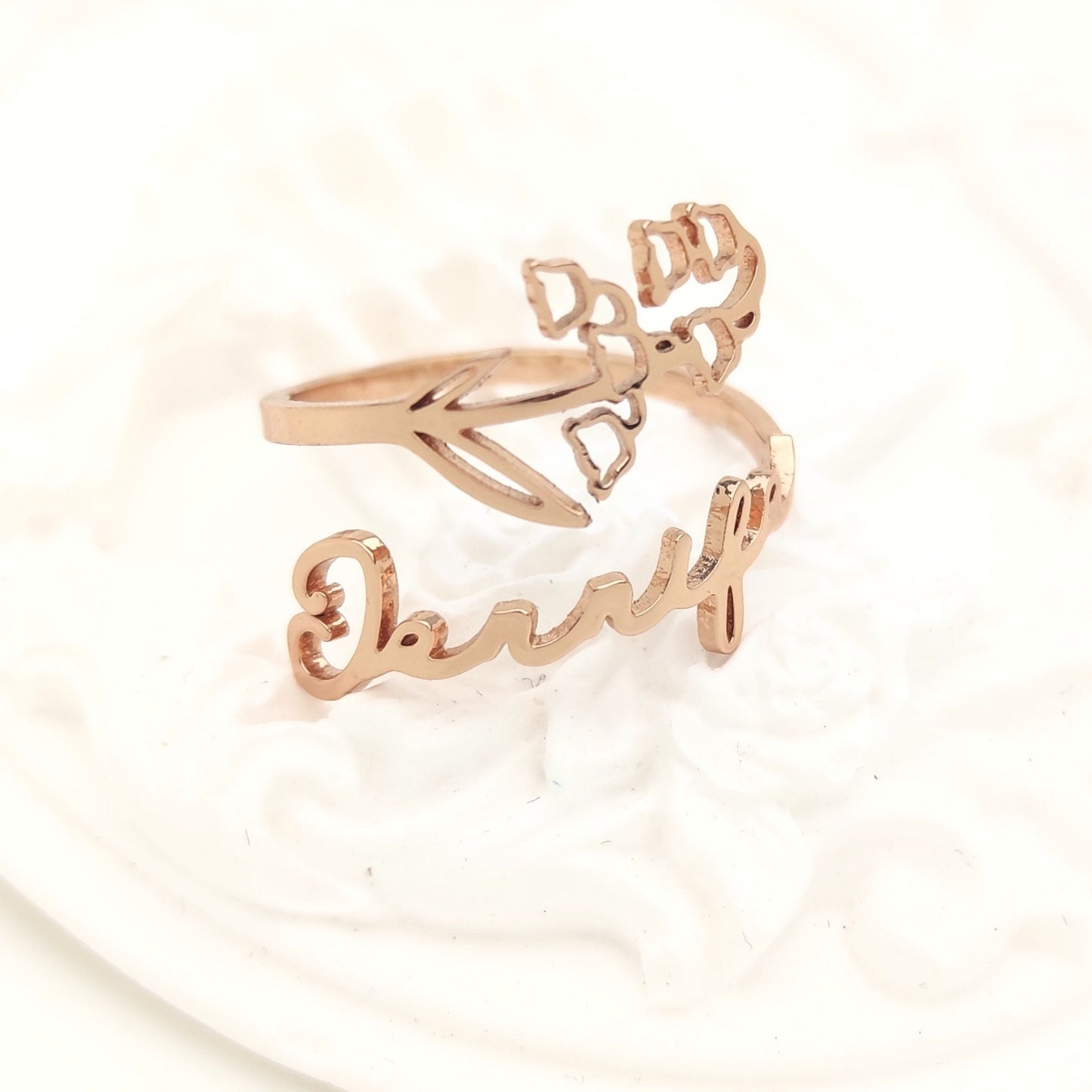 Birth Flower Name Custom Ring, Personalized Stainless Steel Jewelry, Adjustable Engraved Floral Statement Rings, Mother Daughter Gift Set
